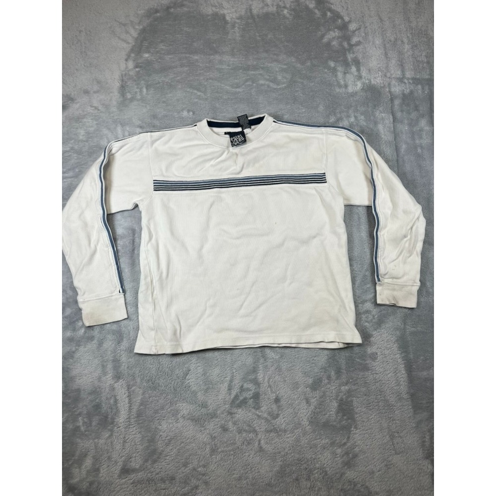 Vintage Point Zero Mens Long Sleeve Thermal Shirt White Blue Striped Y2K Size L